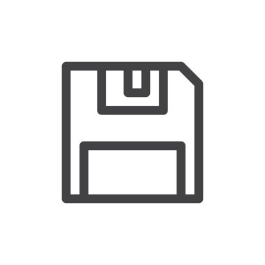 Disket satırı simgesi, Anahat vektör işareti üzerinde beyaz izole doğrusal stil piktogram. Sembolü, logo illüstrasyon kaydedin. Kalın çizgili tema. Piksel mükemmel grafikler