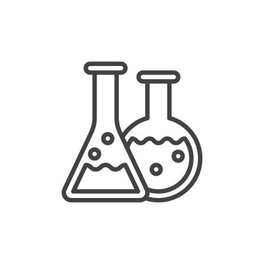 Şişeler satır simgesi, Anahat vektör işareti, üzerinde beyaz izole doğrusal stil piktogram. Kimyasal laboratuvar sembolü, logo illüstrasyon. Düzenlenebilir inme. Piksel mükemmel grafikler