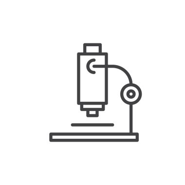 Mikroskop satırı simgesi, Anahat vektör işareti üzerinde beyaz izole doğrusal stil piktogram. Araştırma sembolü, logo illüstrasyon. Düzenlenebilir kontur