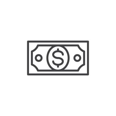 Dolar fatura satırı simgesi, Anahat vektör işareti üzerinde beyaz izole doğrusal stil piktogram. Nakit ödeme sembolü, logo illüstrasyon. Düzenlenebilir inme. Piksel mükemmel vektör grafikleri