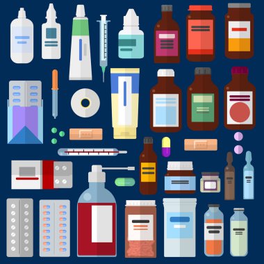 İlaç ilaçlar öğeleri koleksiyonu, ilaç, eczane, hastane, ilaç, şırınga, hap, termometre düz simgeler kümesi, renkli semboller pack içerir. Vektör çizim. Düz stil tasarım