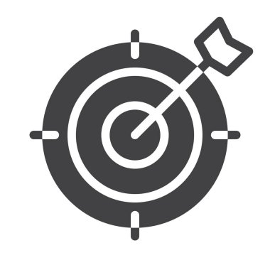 Hedef simge vektör, dolu düz işareti, üzerinde beyaz izole katı piktogram. Sembol, logo illüstrasyon