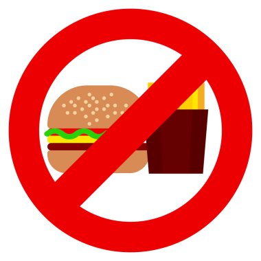 Fast food ve içecek soda yasak işareti vektör çizim yemek yok. Düz stil tasarım. Renkli grafik