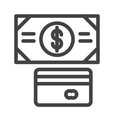 Ödeme yöntemi kartı ve doları banknot satırı simgesi, Anahat vektör işareti üzerinde beyaz izole doğrusal stil piktogram. Sembol, logo illüstrasyon. Düzenlenebilir kontur