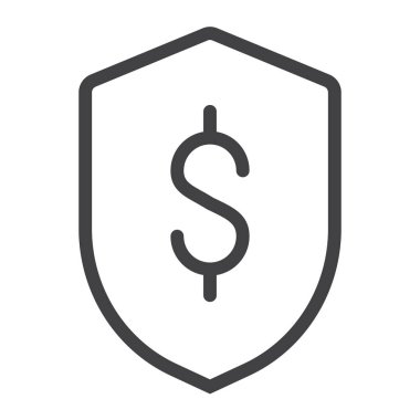 Finansal güvenlik kalkanı doları çizgi simgesiyle Anahat vektör işareti, üzerinde beyaz izole doğrusal stil piktogram. Sembol, logo illüstrasyon. Düzenlenebilir inme. Piksel mükemmel grafikler