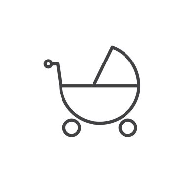 Bebek arabası satırı simgesi, vektör işareti, anahat üzerinde beyaz izole doğrusal stil piktogram. Sembol, logo illüstrasyon. Düzenlenebilir kontur