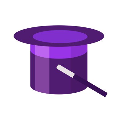 Sihirli şapka silindir ile sihirli değnek düz simge vektör işareti, renkli sembol üzerinde beyaz izole. Sihirbaz sembolü, logo illüstrasyon. Düz stil tasarım