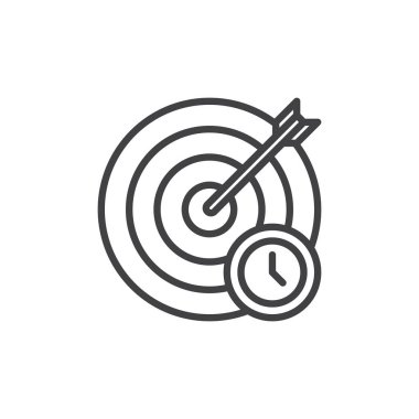 Hedef ve saat satırı simgesi, okla Anahat vektör işareti, üzerinde beyaz izole doğrusal stil piktogram. Hedef simgesi, logo illüstrasyon. Düzenlenebilir inme. Piksel mükemmel vektör grafikleri