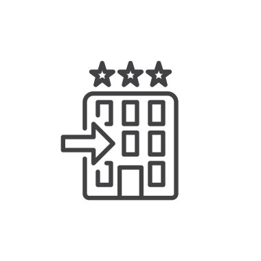 Otel Check-In satırı simgesi, Anahat vektör işareti, üzerinde beyaz izole doğrusal stil piktogram. Sembol, logo illüstrasyon. Düzenlenebilir inme. Piksel mükemmel vektör grafikleri