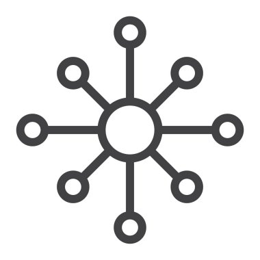 Hub ve bağlı bileşen satır kutsal kişilerin resmi, vektör işareti, anahat üzerinde beyaz izole doğrusal stil piktogram. Ağ düğümleri sembolü, logo illüstrasyon. Düzenlenebilir kontur