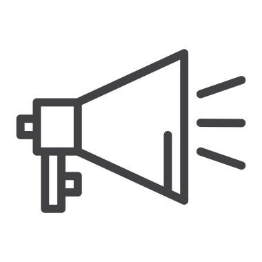 Megafon satırı simgesi, vektör işareti, anahat üzerinde beyaz izole doğrusal stil piktogram. Sembol, logo illüstrasyon. Düzenlenebilir kontur.