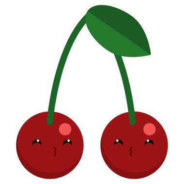 Kiraz öpüşme yüz emoji gülümseyen gözlerle illüstrasyon vektör. Düz stil tasarım. Renkli grafik