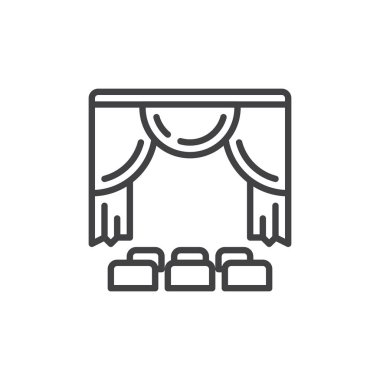 Tiyatro satırı simgesi, Anahat vektör işareti üzerinde beyaz izole doğrusal stil piktogram. Sembol, logo illüstrasyon. Düzenlenebilir inme. Piksel mükemmel vektör grafikleri