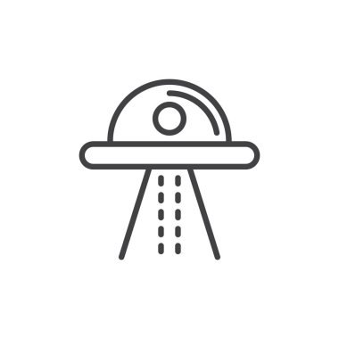 UFO satırı simgesi, Anahat vektör işareti üzerinde beyaz izole doğrusal stil piktogram. Sembol, logo illüstrasyon. Düzenlenebilir inme. Piksel mükemmel vektör grafikleri