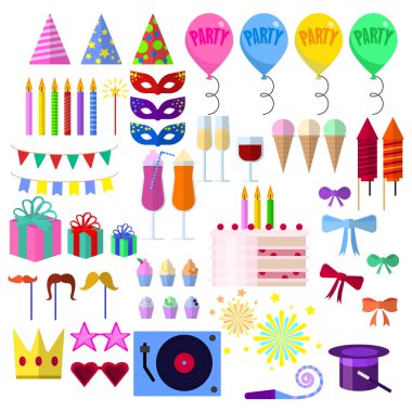 Kutlama parti öğeleri koleksiyonu, cabukşalterli, renkli semboller pack içerir - Carnival şenlikli düz simgeler şapka, maske, balon, havai fişek, hediye, Doğum günü pastası. Vektör çizim. Düz stil tasarım
