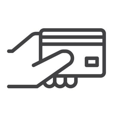 Kredi kartı bir el hat simgesi Anahat vektör işareti, üzerinde beyaz izole doğrusal stil piktogram. Plastik kart ödeme sembolü, logo illüstrasyon. Düzenlenebilir inme. Piksel mükemmel vektör grafikleri