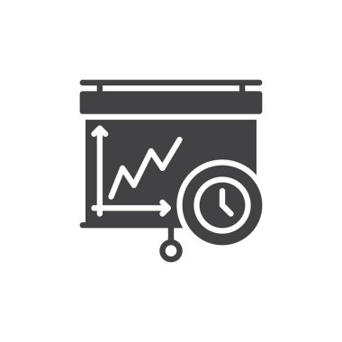 Projektör simge vektör, ekran ve saat aşağı çekme düz işareti, üzerinde beyaz izole katı piktogram dolu. Sembol, logo illüstrasyon. Piksel mükemmel vektör grafikleri