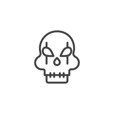 Kafatası maskesi satırı simgesi, Anahat vektör işareti üzerinde beyaz izole doğrusal stil piktogram. Cadılar Bayramı tatil sembolü, logo illüstrasyon. Düzenlenebilir kontur