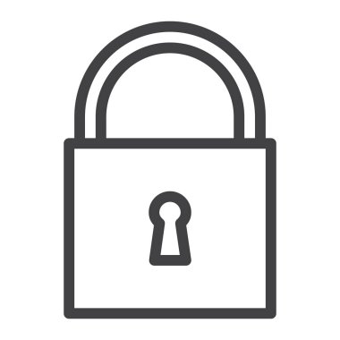 Asma kilit satırı simgesi, vektör işareti, anahat üzerinde beyaz izole doğrusal stil piktogram. Sembol, logo illüstrasyon. Düzenlenebilir kontur