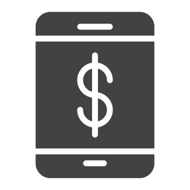 Smartphone doları simge vektör ile düz işareti, üzerinde beyaz izole katı piktogram dolu. Sembol, logo illüstrasyon. Piksel mükemmel grafikler