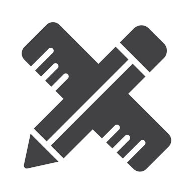 Okul malzeme kalemi ve cetvel simge vektör, dolu düz işareti, üzerinde beyaz izole katı piktogram. Sembol, logo illüstrasyon