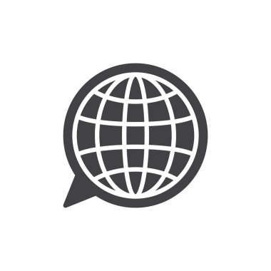 Dil simge vektör, düz işareti, üzerinde beyaz izole katı piktogram dolu. Kürenin içinde konuşma balonu sembolü, logo illüstrasyon. Piksel mükemmel vektör grafikleri