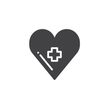Tıbbi simge vektör, dolu düz işareti, üzerinde beyaz izole katı piktogram çapraz kalbimle. Tıp ve sağlık sembol, logo illüstrasyon