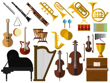 Müzik aletleri öğeleri koleksiyonu, düz simgeler kümesi, renkli semboller pack içerir - gitar trombon Flüt Keman Piyano saksafon akordeon davul. Vektör çizim. Düz stil tasarım