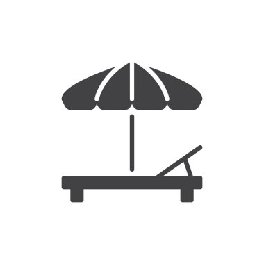 Plaj şemsiyesi ve Paz aylâk simge vektör, dolu düz işareti, üzerinde beyaz izole katı piktogram. Şezlong sembolü, logo illüstrasyon. Piksel mükemmel vektör grafikleri