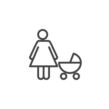 Anne Bebek arabası satırı simgesi ile vektör işareti, anahat üzerinde beyaz izole doğrusal stil piktogram. Aile sembol, logo illüstrasyon. Düzenlenebilir kontur