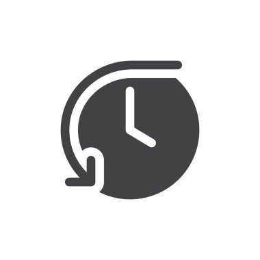 Geçmiş basit simge vektör, düz işareti, üzerinde beyaz izole katı glif dolu. Saat yönünün tersine geri dairesel dönen ok, logo illüstrasyon ile saat simgesi. Piksel mükemmel vektör grafikleri