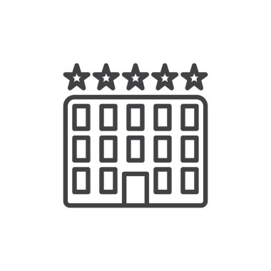 Beş yıldızlı otel binası satırı simgesi, Anahat vektör işareti, üzerinde beyaz izole doğrusal stil piktogram. Sembol, logo illüstrasyon. Düzenlenebilir inme. Piksel mükemmel vektör grafikleri