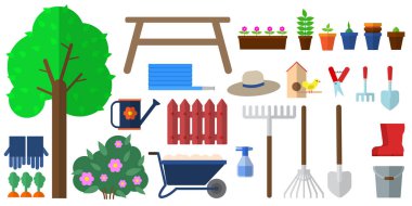 Bahçe Araçları öğeleri koleksiyonu çalışma, düz simgeler kümesi, renkli semboller pack içerir - Bahçe Ekipmanları vektör çizim ayarlayın. Düz stil tasarım