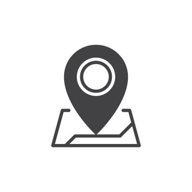 Harita işaretçi simge vektör, dolu düz işareti, üzerinde beyaz izole katı piktogram. Adres yeri sembolü, logo illüstrasyon. Piksel mükemmel vektör grafikleri