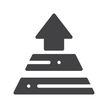 Ok grafik simge vektör, dolu düz işareti, üzerinde beyaz izole katı piktogram ile piramit. Sembol, logo illüstrasyon