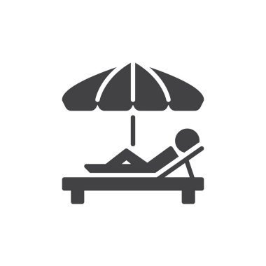 Simge vektör, dolu düz işareti, üzerinde beyaz izole katı piktogram güneşlenin. Şemsiye ve Paz aylâk sembolü, logo illüstrasyon. Piksel mükemmel vektör grafikleri