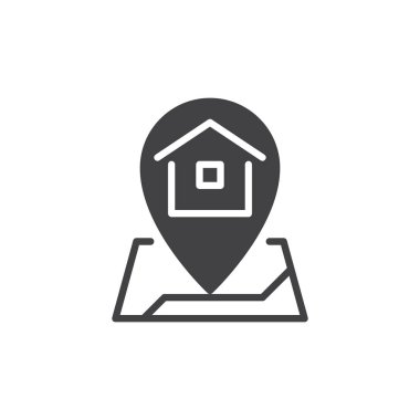 Harita göstergesi ile ev simge vektör, dolu düz işareti, üzerinde beyaz izole katı piktogram. Ev konumu sembolü, logo illüstrasyon. Piksel mükemmel vektör grafikleri