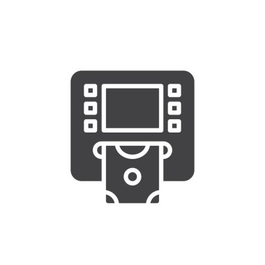 ATM simge vektör, düz işareti, üzerinde beyaz izole katı piktogram dolu. Para simgesi, logo illüstrasyon. Piksel mükemmel vektör grafikleri