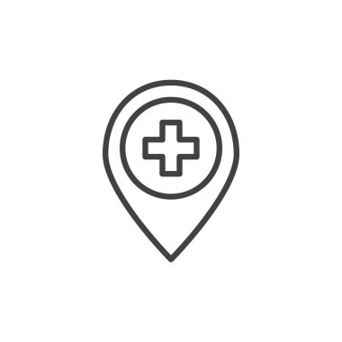 Tıbbi harita iğne ile çapraz satırı simgesi, Anahat vektör işareti, üzerinde beyaz izole doğrusal stil piktogram. Gezinti simgesi, logo illüstrasyon. Düzenlenebilir kontur