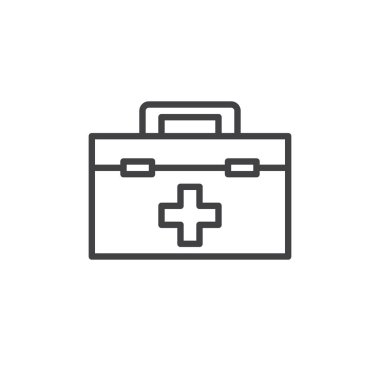 İlk yardım çantası satırı simgesi, Anahat vektör işareti üzerinde beyaz izole doğrusal stil piktogram. İlk yardım kiti sembolü, logo illüstrasyon. Düzenlenebilir kontur