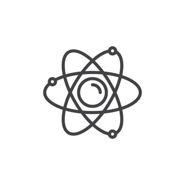 Atom satırı simgesi, Anahat vektör işareti üzerinde beyaz izole doğrusal stil piktogram. Nükleer sembol, logo illüstrasyon. Düzenlenebilir inme. Piksel mükemmel vektör grafikleri