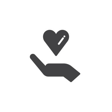 Kalp simge vektör, eliyle bağış düz işareti, üzerinde beyaz izole katı piktogram dolu. Sadaka sembolü, logo illüstrasyon