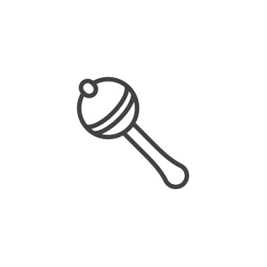 Oyuncak satırı simgesi çıngırak, vektör işareti, anahat üzerinde beyaz izole doğrusal stil piktogram. Sembol, logo illüstrasyon. Düzenlenebilir kontur