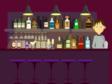 Bar pub gece kulübü iç ve adam barmen vektör çizim. Düz stil tasarım. Renkli grafik