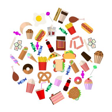Fast food öğeler koleksiyonu, düz Icons set, renkli semboller pack içerir - Burger soda tatlılar suşi dondurma donuts patates kızartması içiyor. Vektör çizim. Düz stil tasarım