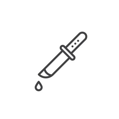 Bıçak kan açılan satırı simgesi ile vektör işareti, anahat üzerinde beyaz izole doğrusal stil piktogram. Cadılar Bayramı tatil sembolü, logo illüstrasyon. Düzenlenebilir kontur