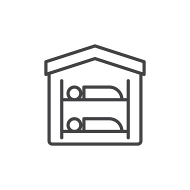 Hostel satırı simgesi, vektör işareti, anahat üzerinde beyaz izole doğrusal stil piktogram. Sembol, logo illüstrasyon. Düzenlenebilir inme. Piksel mükemmel vektör grafikleri