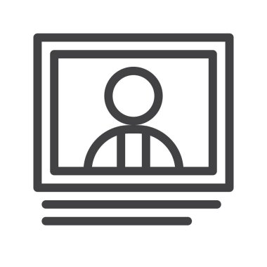 Bilgisayar monitörü satırı simgesi, çevrimiçi sohbet Anahat vektör işareti, üzerinde beyaz izole doğrusal stil piktogram. Sembol, logo illüstrasyon. Düzenlenebilir inme. Piksel mükemmel grafikler