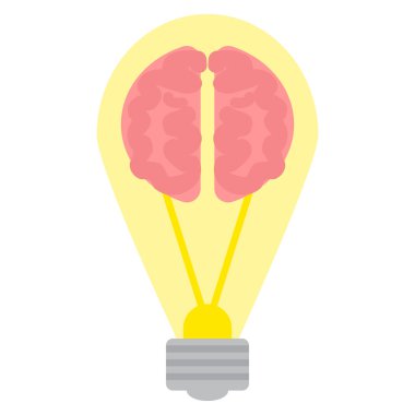 Beyin ampul simgesi, vektör çizim düz stil tasarım üzerinde beyaz izole. Renkli grafik
