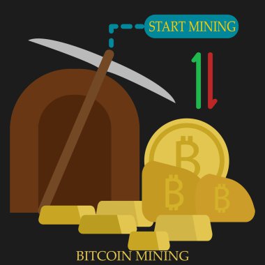 Bitcoin madencilik vektör çizim. Düz stil tasarım. Renkli grafik